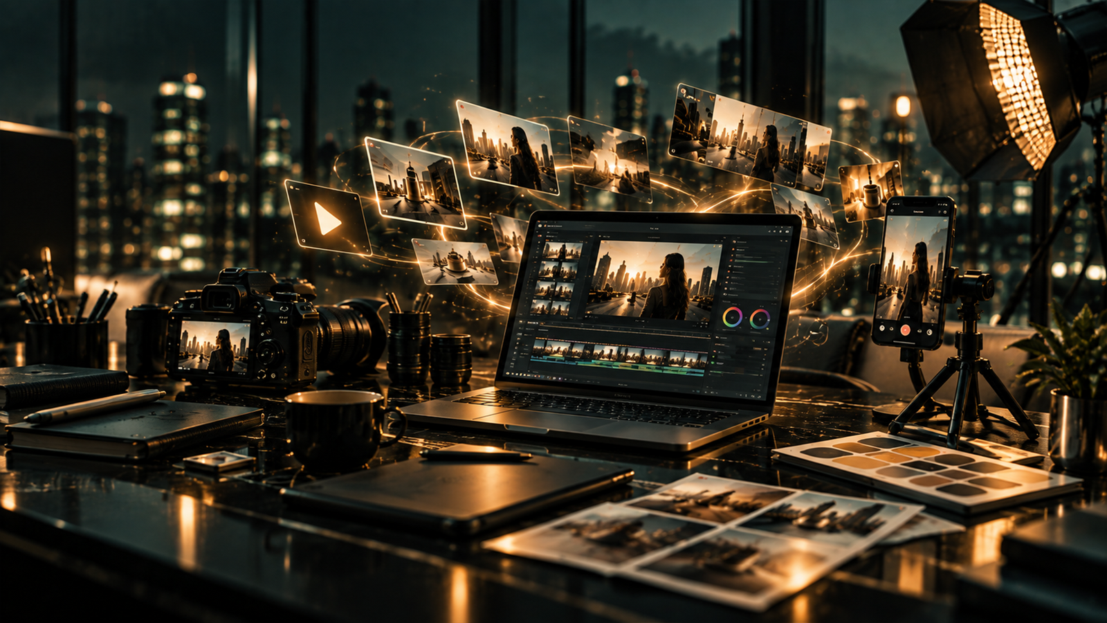 Video editing workstation with camera, color-grading wheels and multiple shot previews for a Dubai content project
