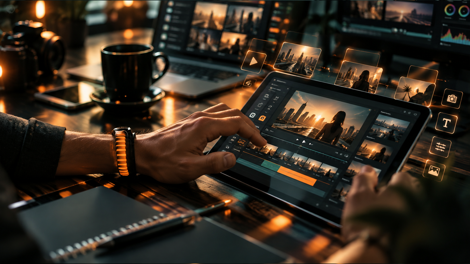 Editor colour-grading and trimming a branded video on a tablet with a skyline shot in the timeline