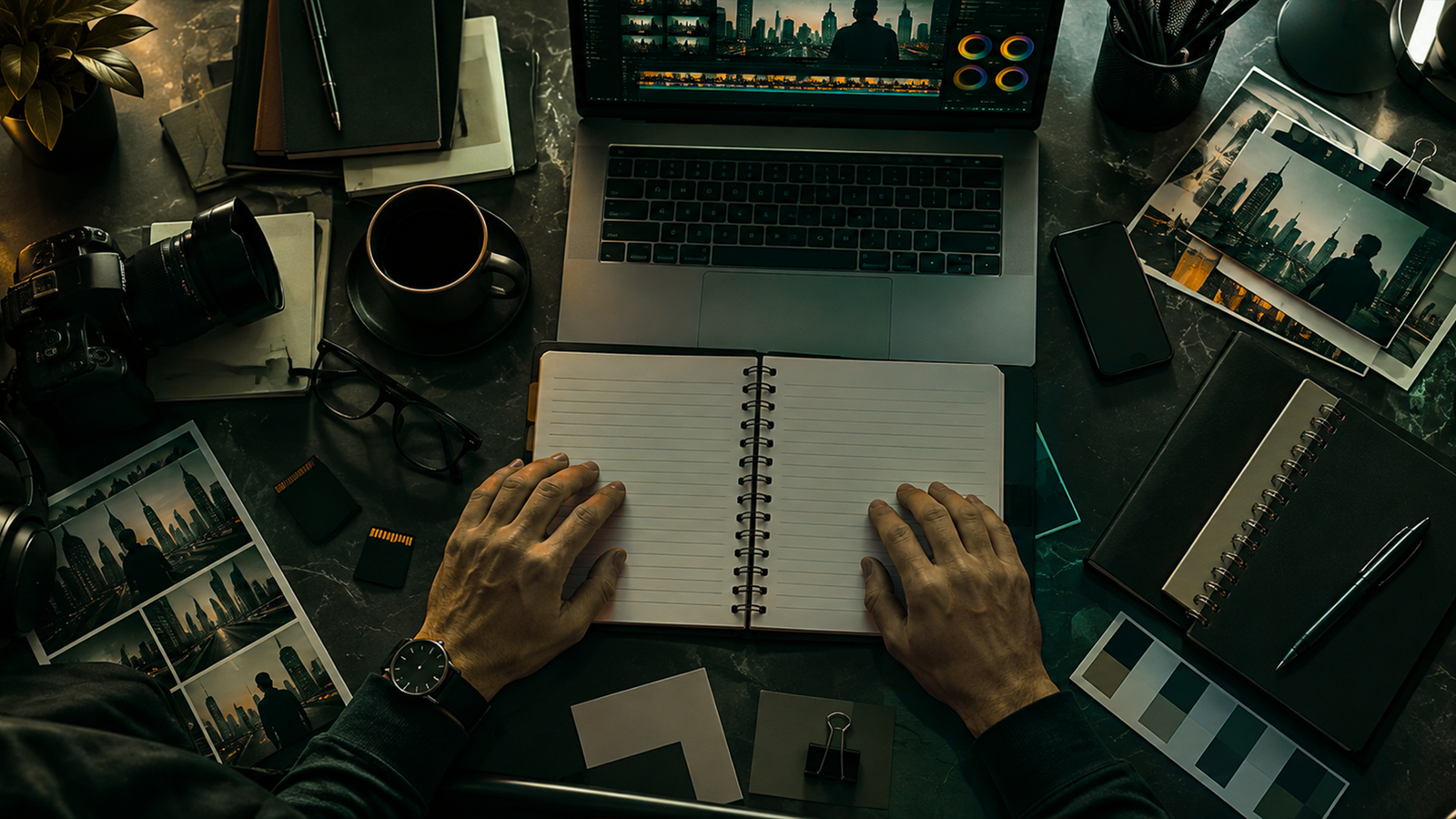 Content strategist planning a shoot with a notebook, camera and reference stills on the desk
