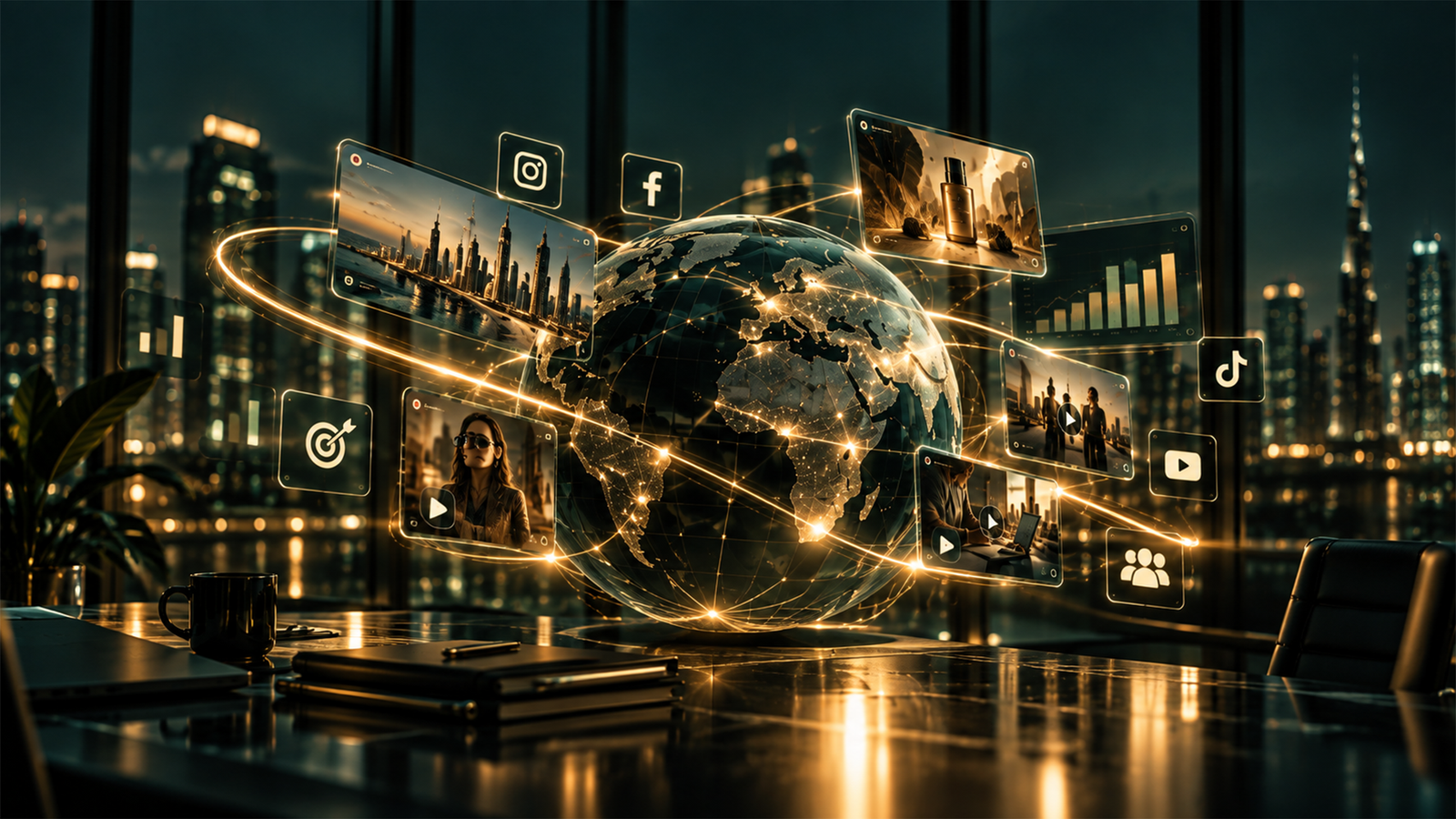 Global digital marketing network connecting Instagram, Facebook, TikTok and YouTube channels for a Dubai business