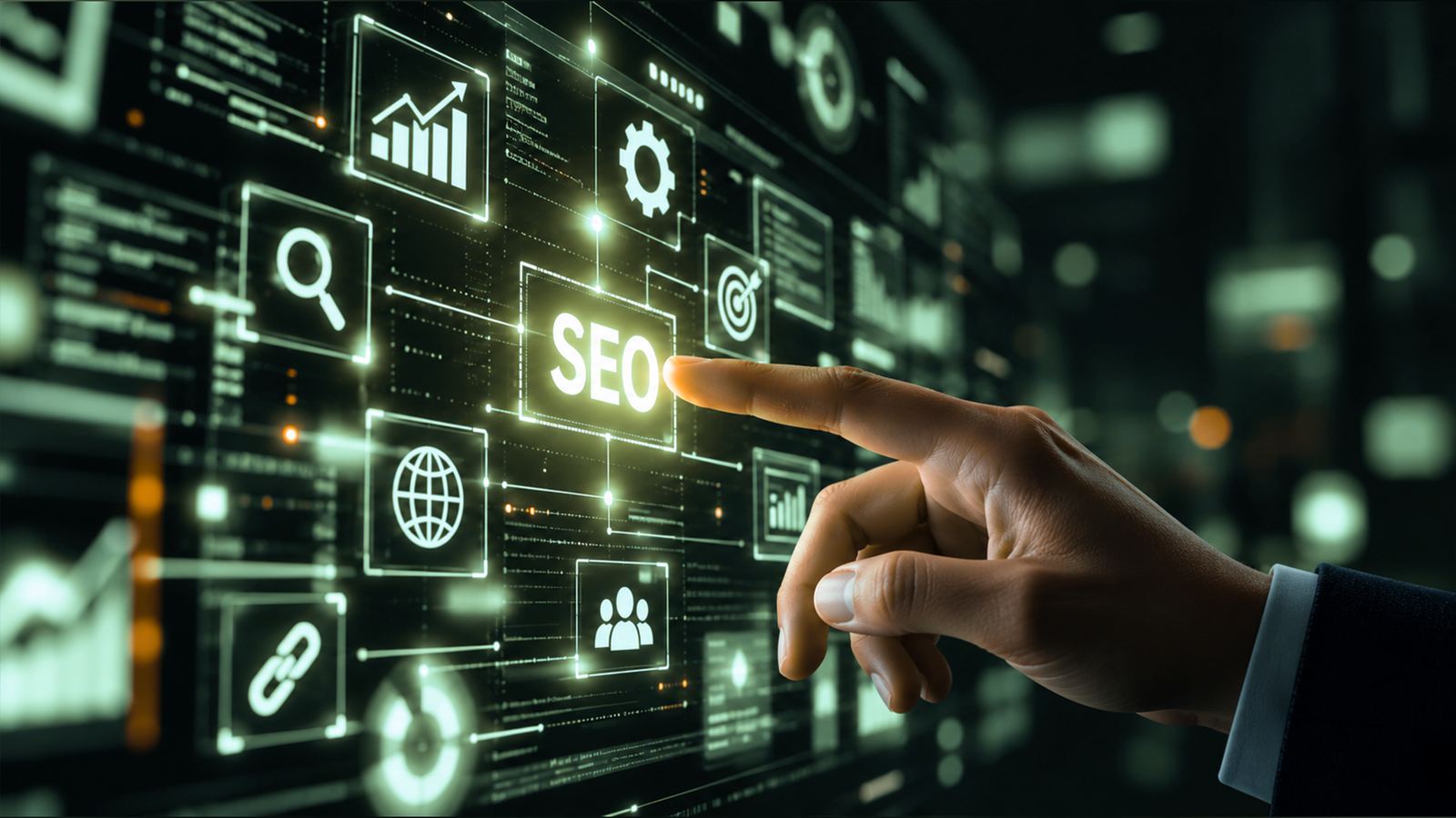SEO strategy dashboard with search, link building, targeting and growth icons for Dubai businesses