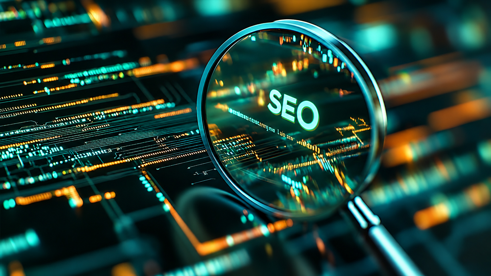 Magnifying glass over SEO code and site data, representing a technical SEO audit in Dubai